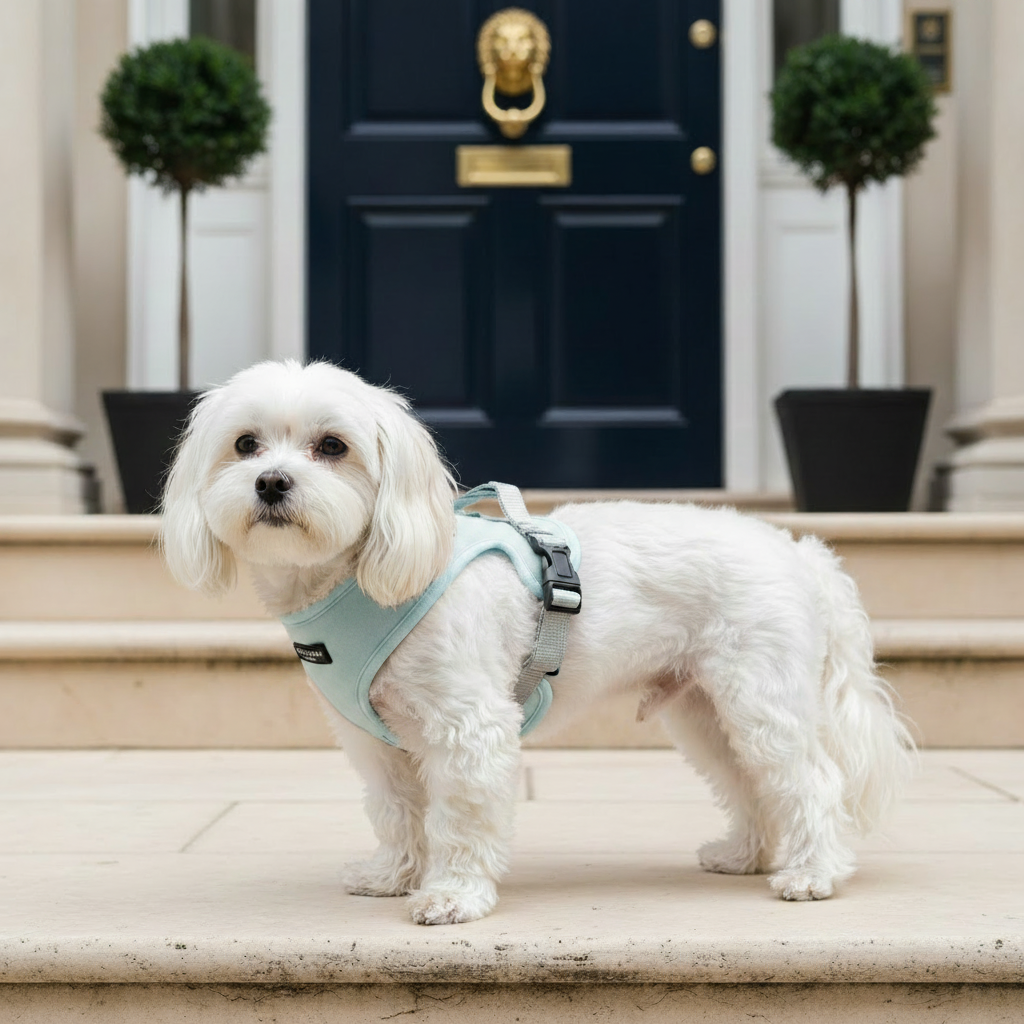 Blue polyester harness on dog, Belgravia setting