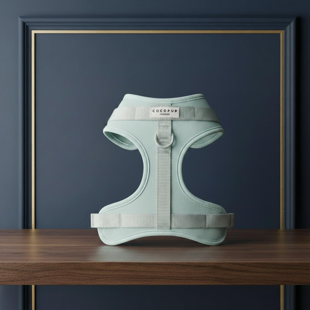 Blue polyester harness on walnut shelf
