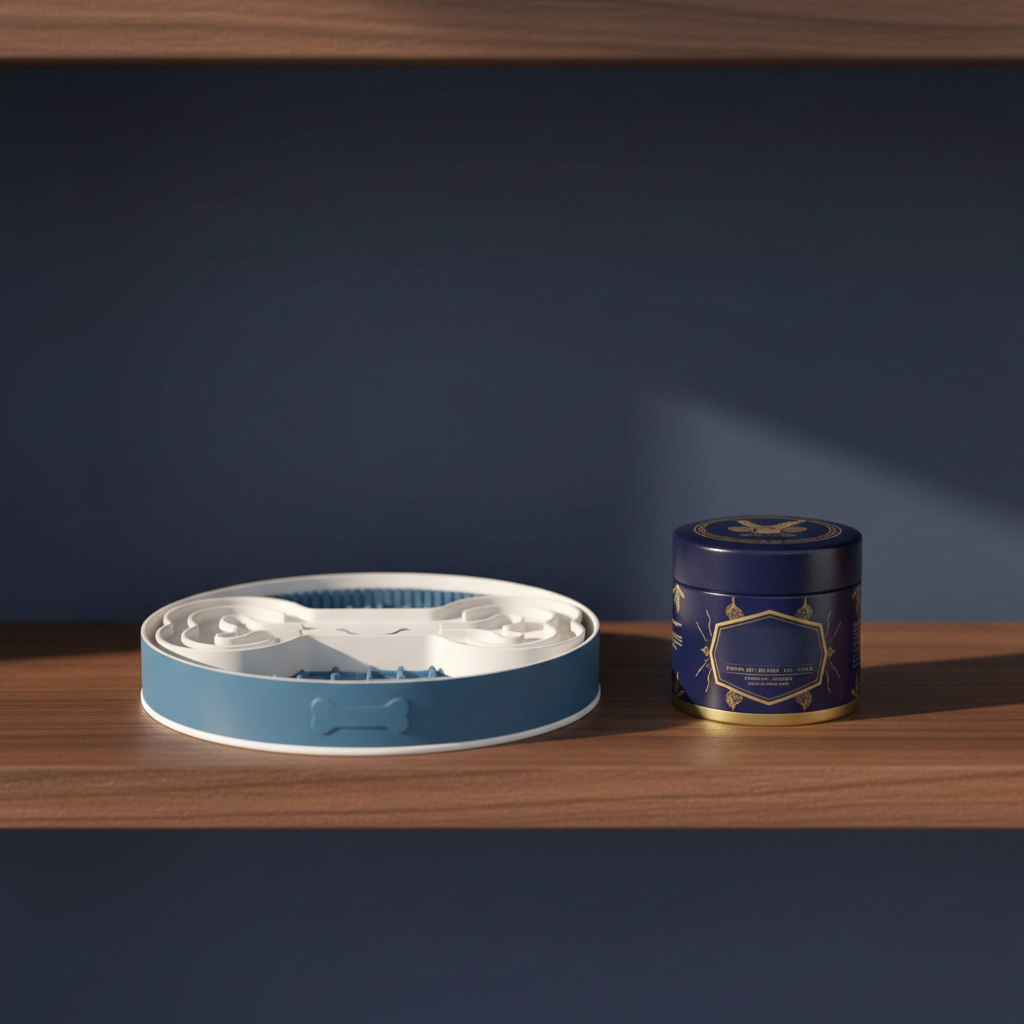 Bowl & Dog Food Tin on Walnut Shelf