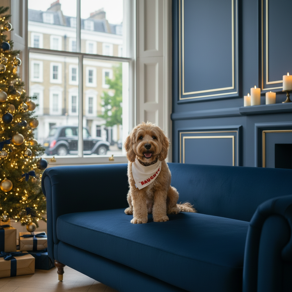 Cockapoo in Navy & Gold Interior with Christmas Tree