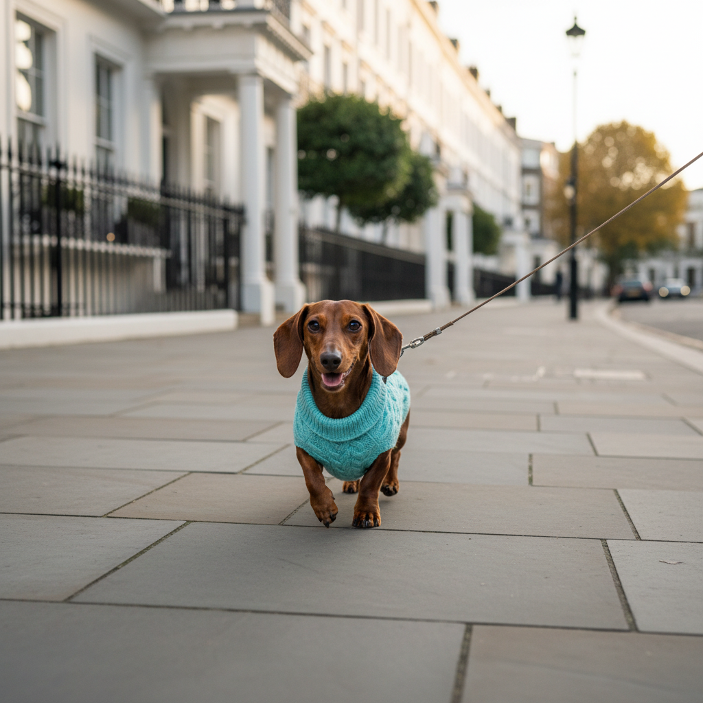 Dachshund on lead in turquoise jumper