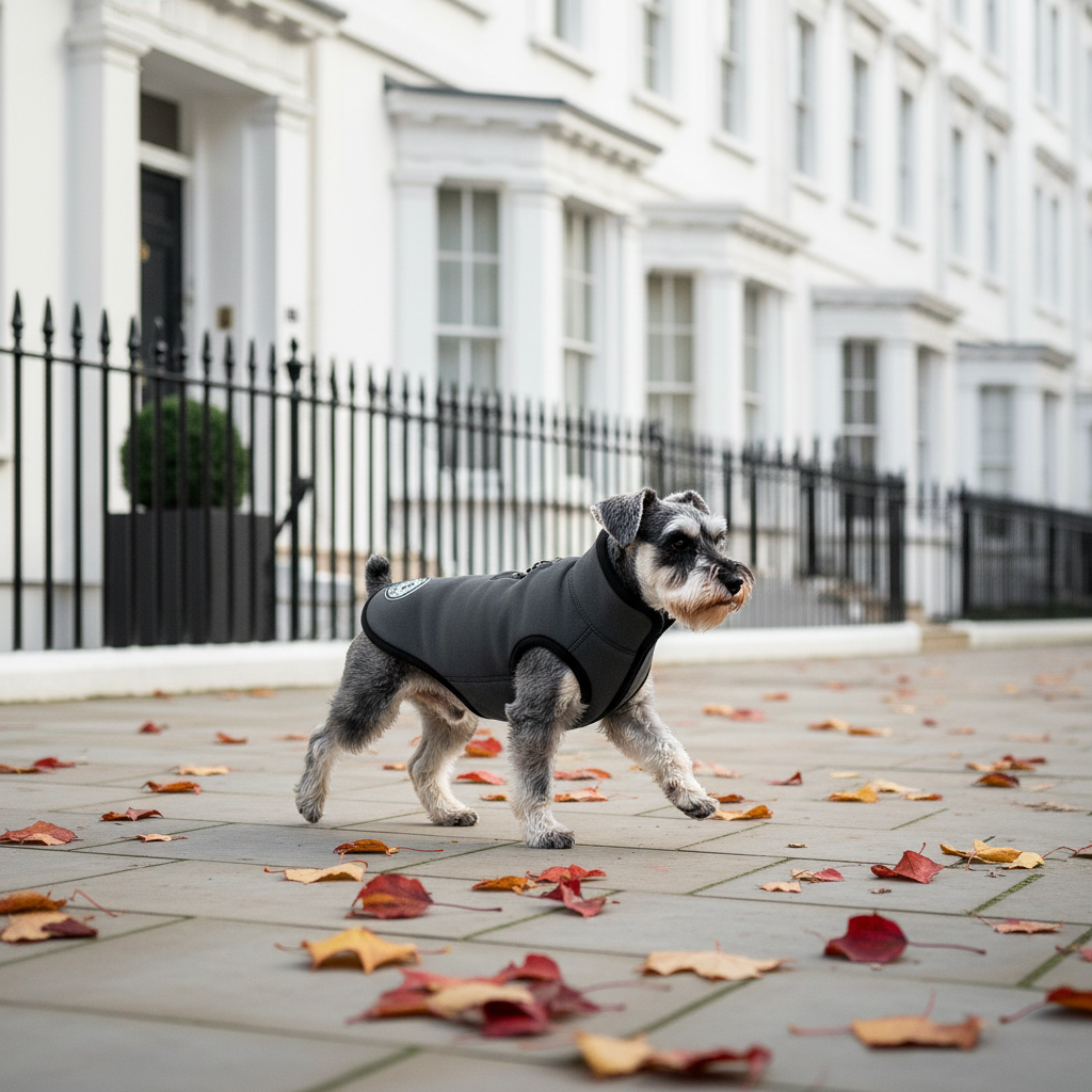 Dog in Trekker fleece on Belgravia street