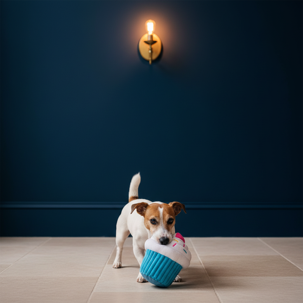 Dog playing - navy wall and brass