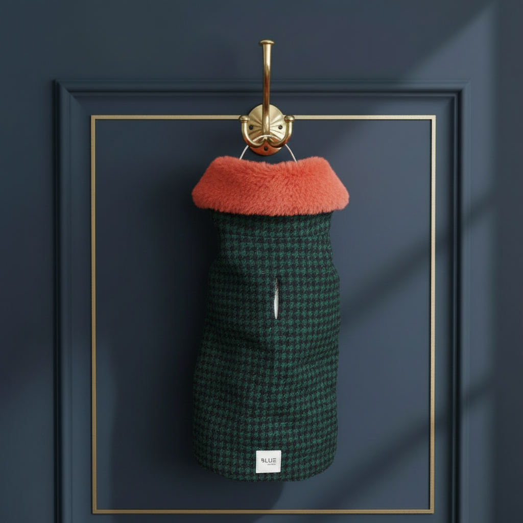 Green Blue Check Coat Hanging