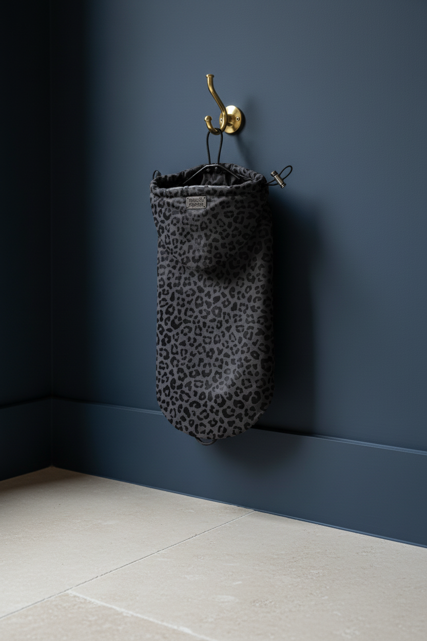 Grey leopard raincoat hanging on brass hook