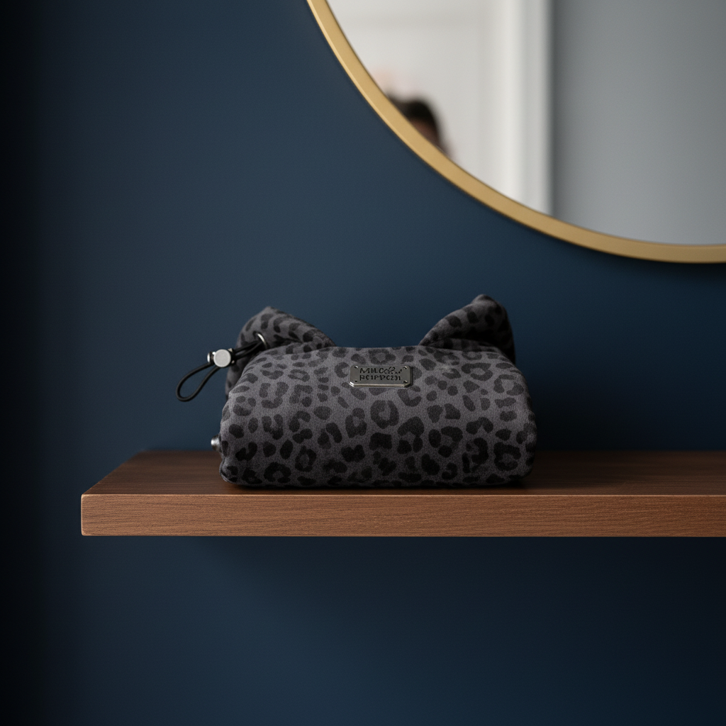 Grey leopard raincoat on walnut shelf