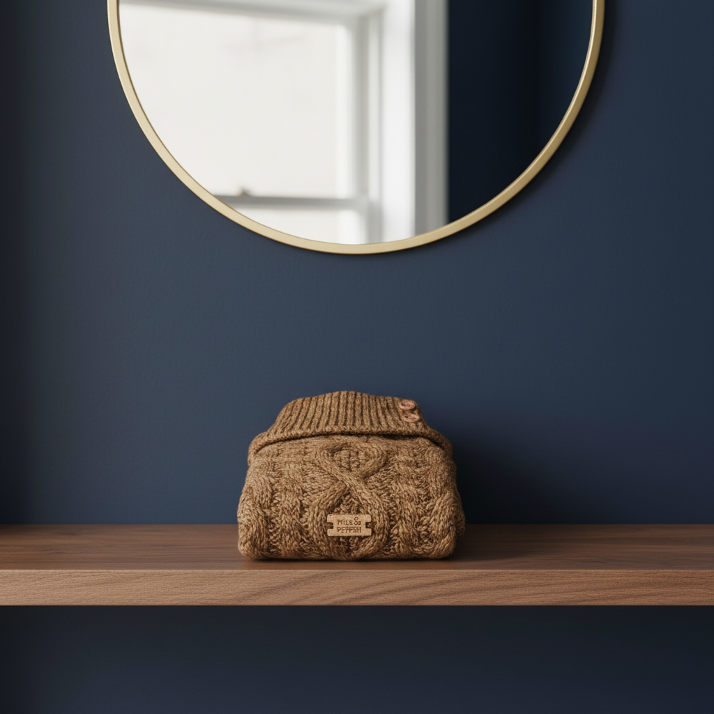 Irvin Jumper camel on walnut shelf