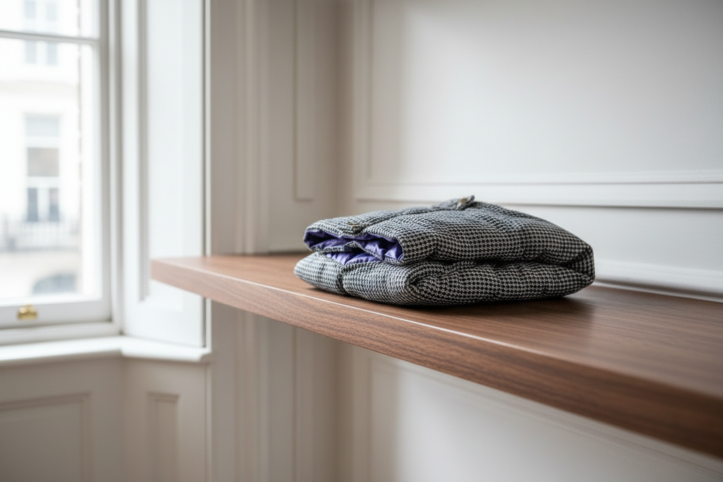 Jumpsuit folded on walnut shelf