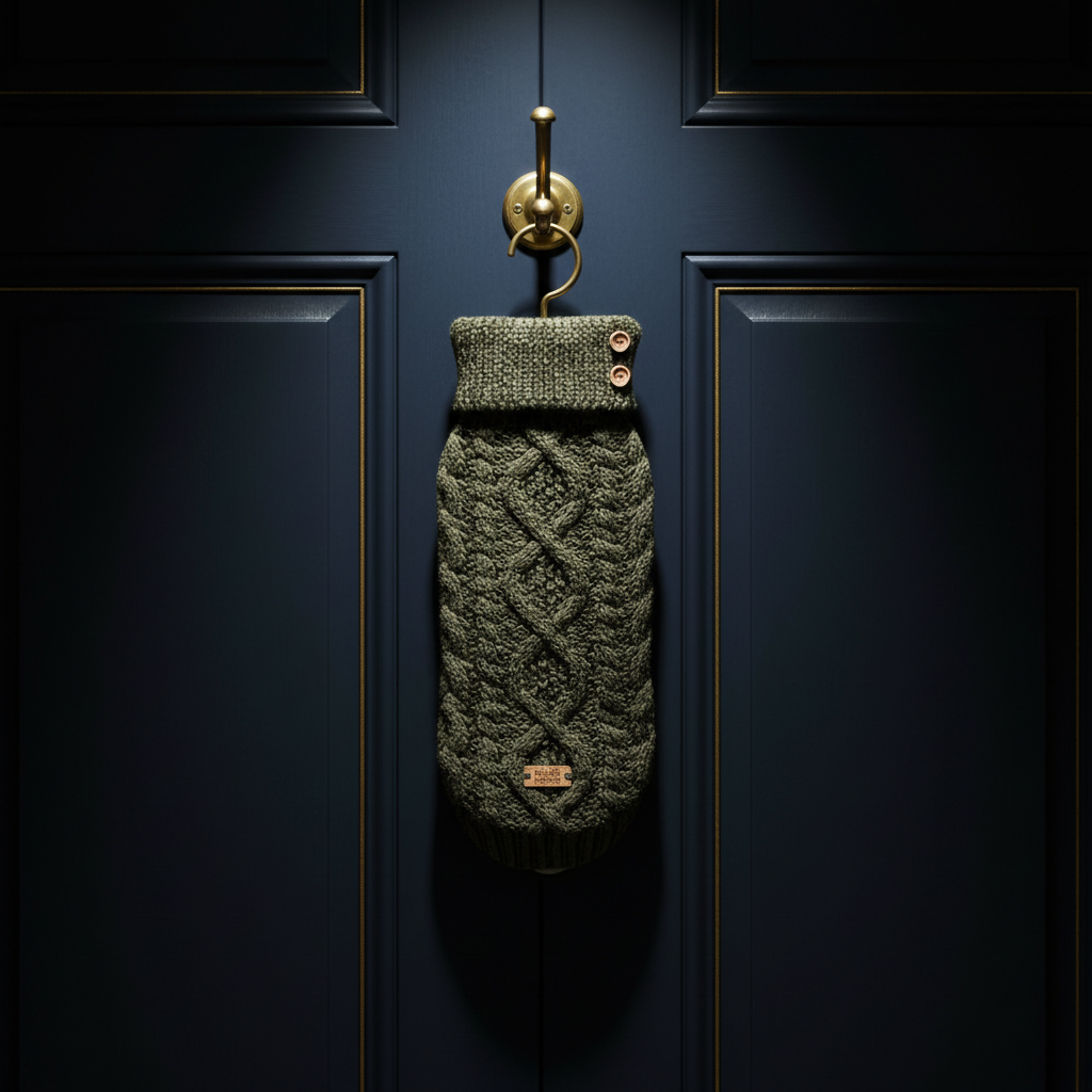 Khaki Irvin Jumper hanging on brass hook