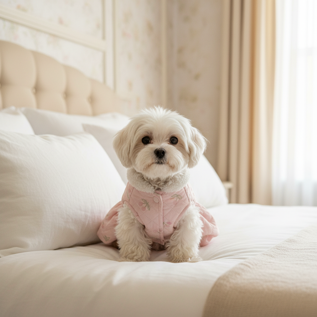Pink Quilted Coat — dog on bed