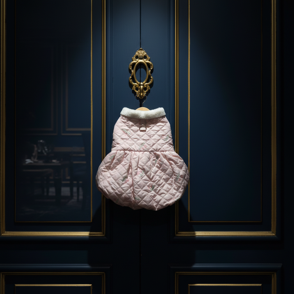 Pink Quilted Coat — hanging on gold hook