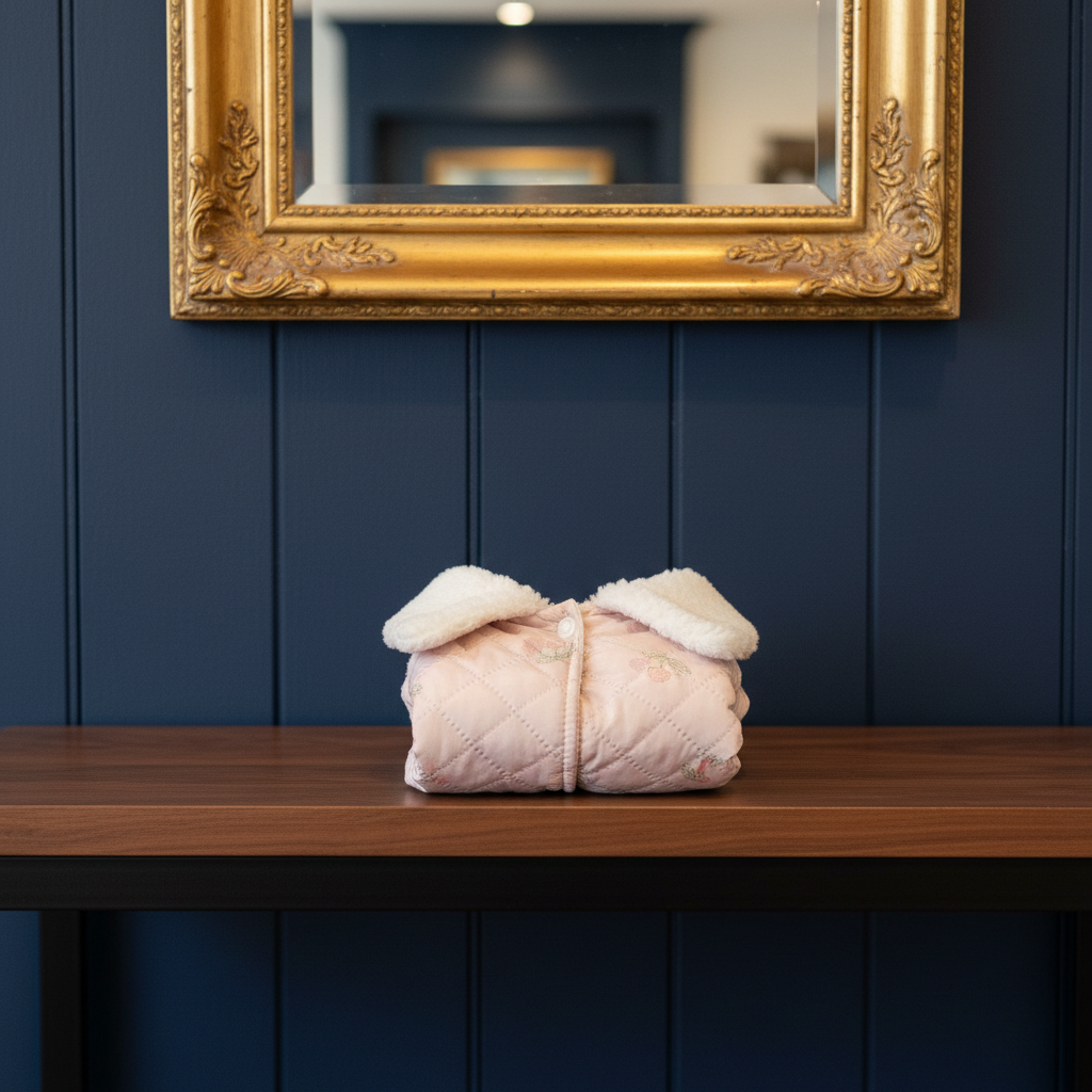 Pink Quilted Coat — on walnut shelf