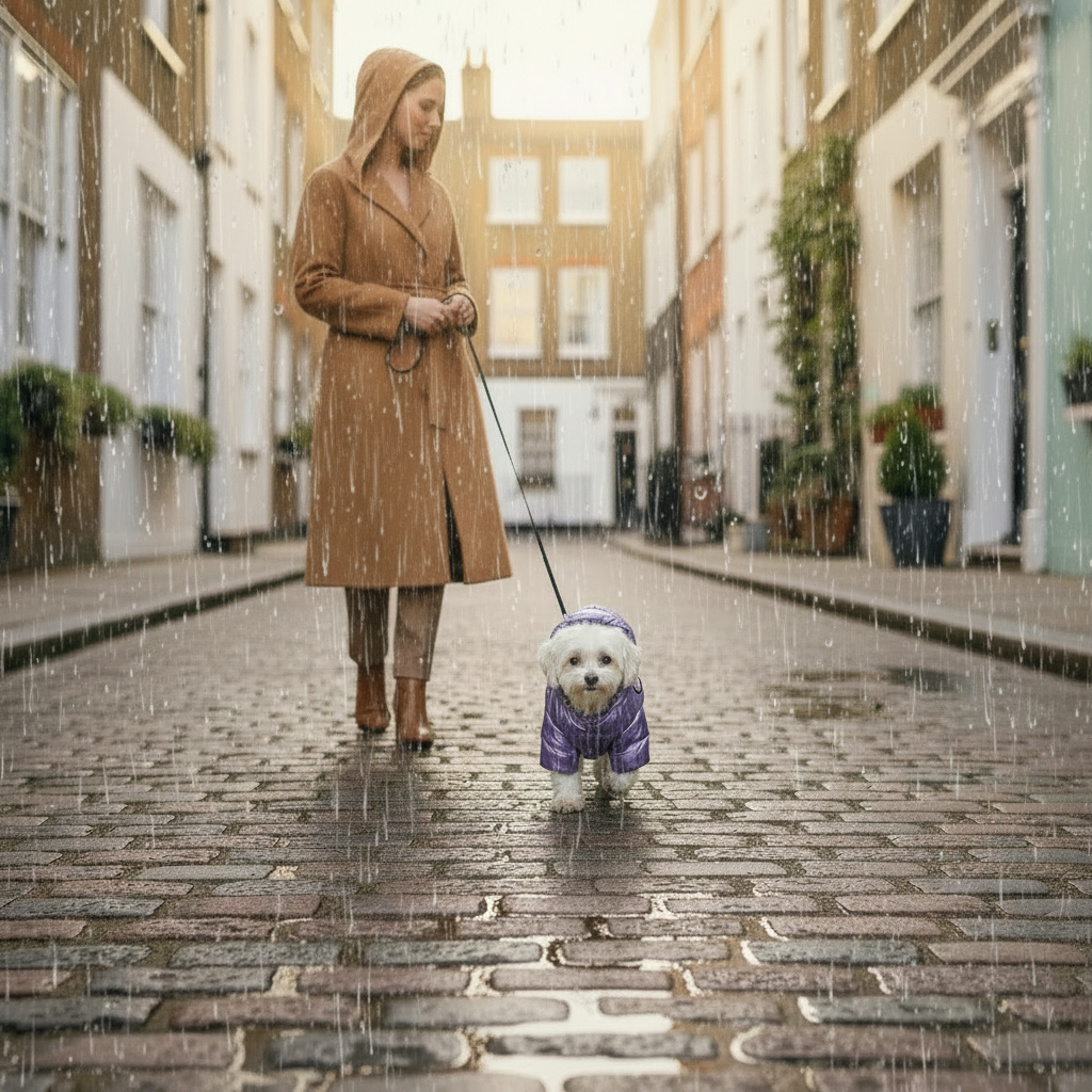 Purple Puffer with hooded raincoat walker