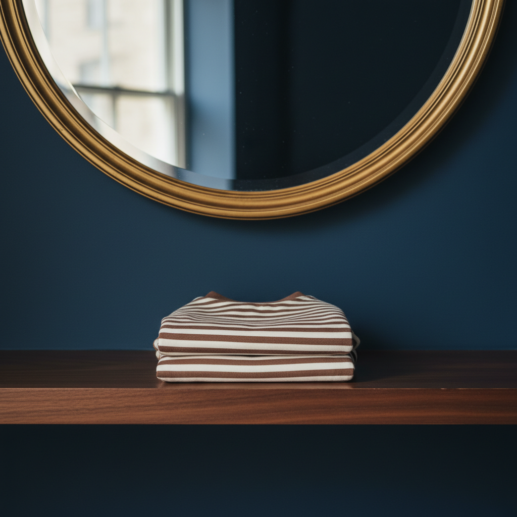 Pyjamas on walnut shelf