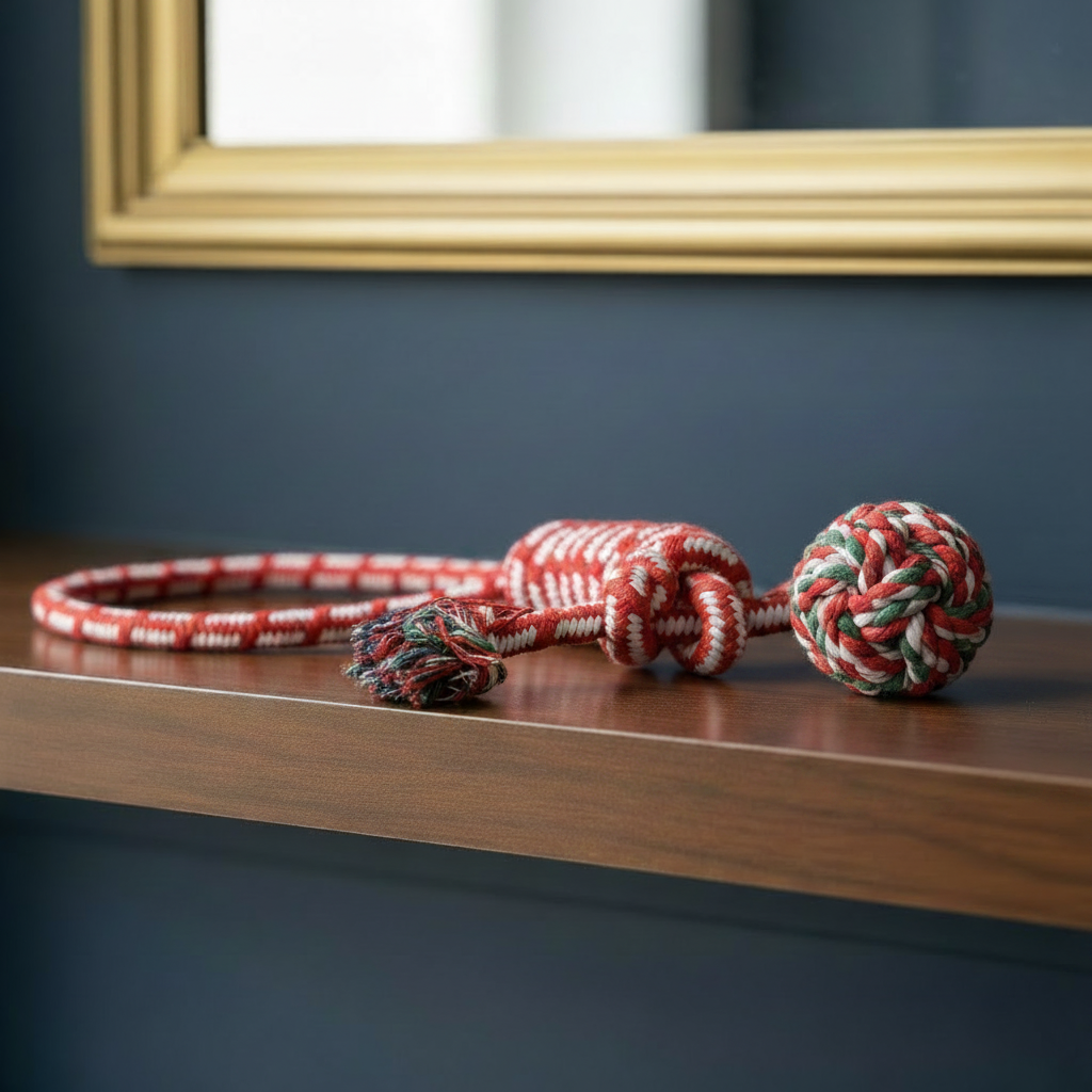 Red rope ball toy on clean shelf