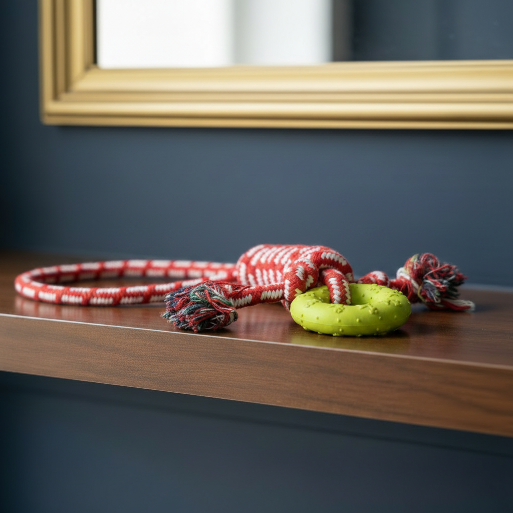 Rope toy on walnut shelf - Belgravia