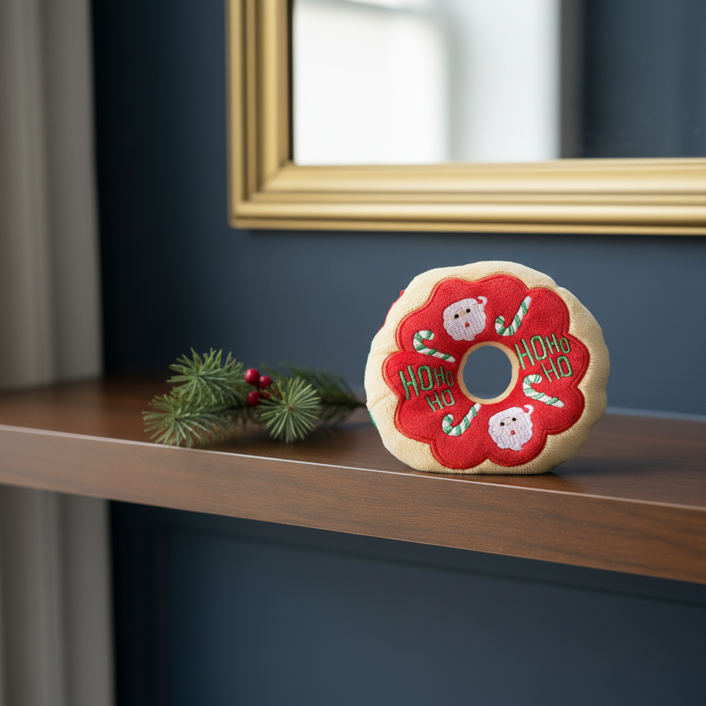 Santa donut toy on walnut shelf