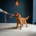 Small dog playing tug
