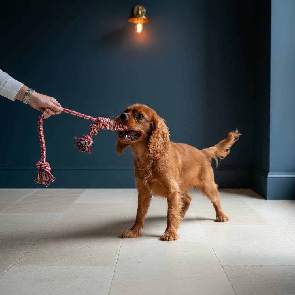 Small dog playing tug