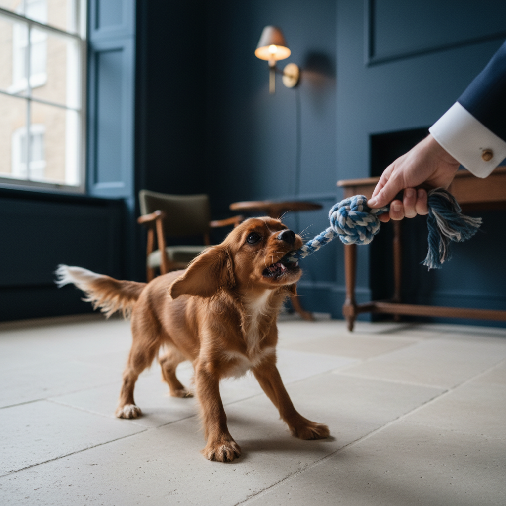 Small dog playing with blue rope toy