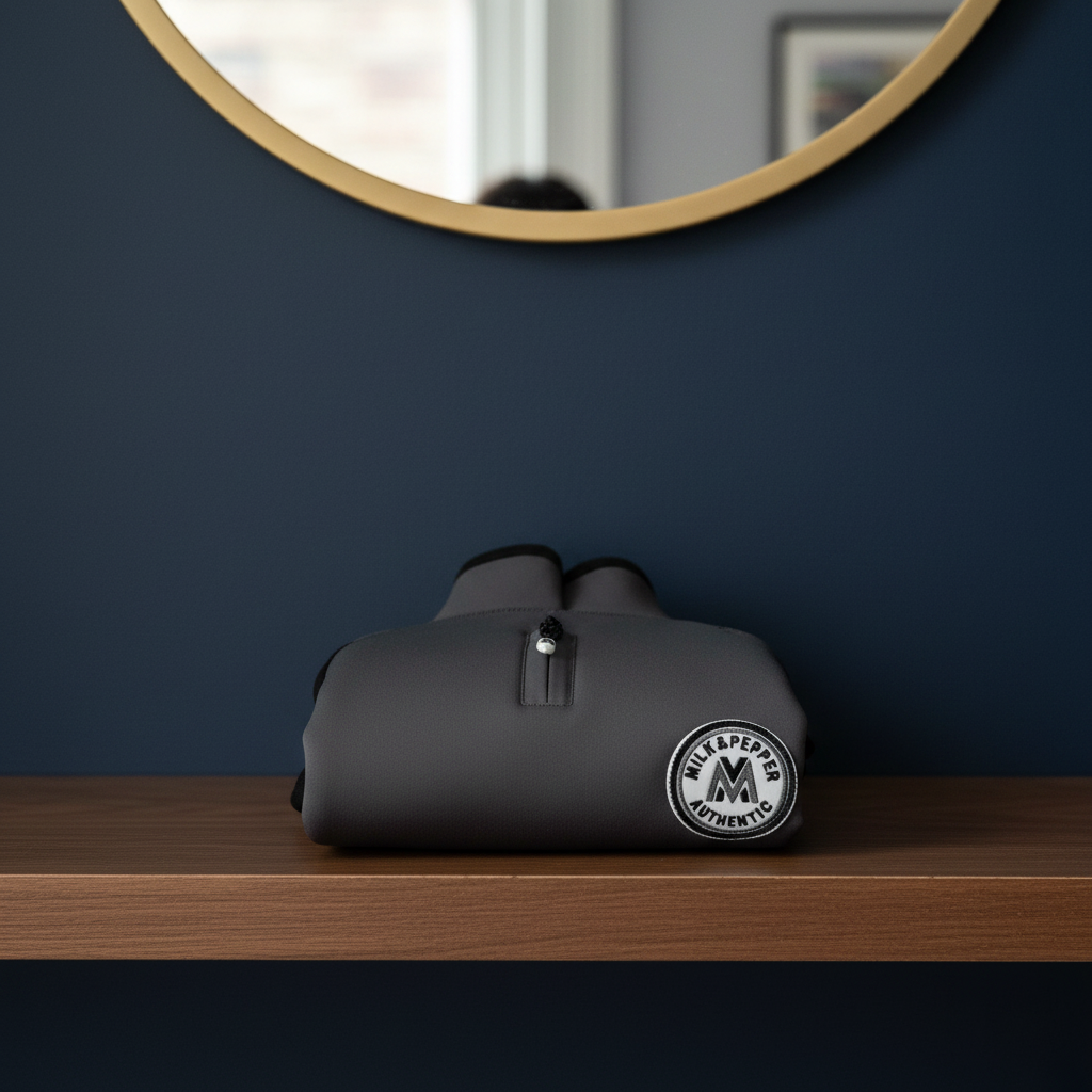 Trekker fleece on walnut shelf