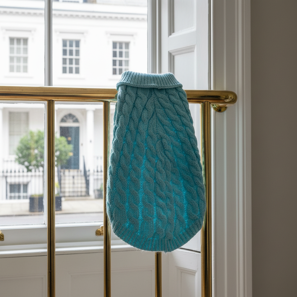 Turquoise jumper on brass rail near Belgravia window