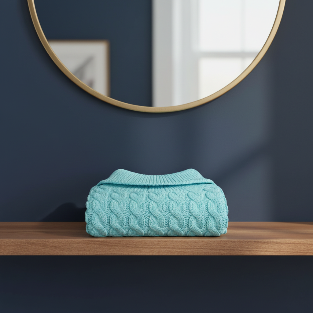 Turquoise jumper on walnut shelf