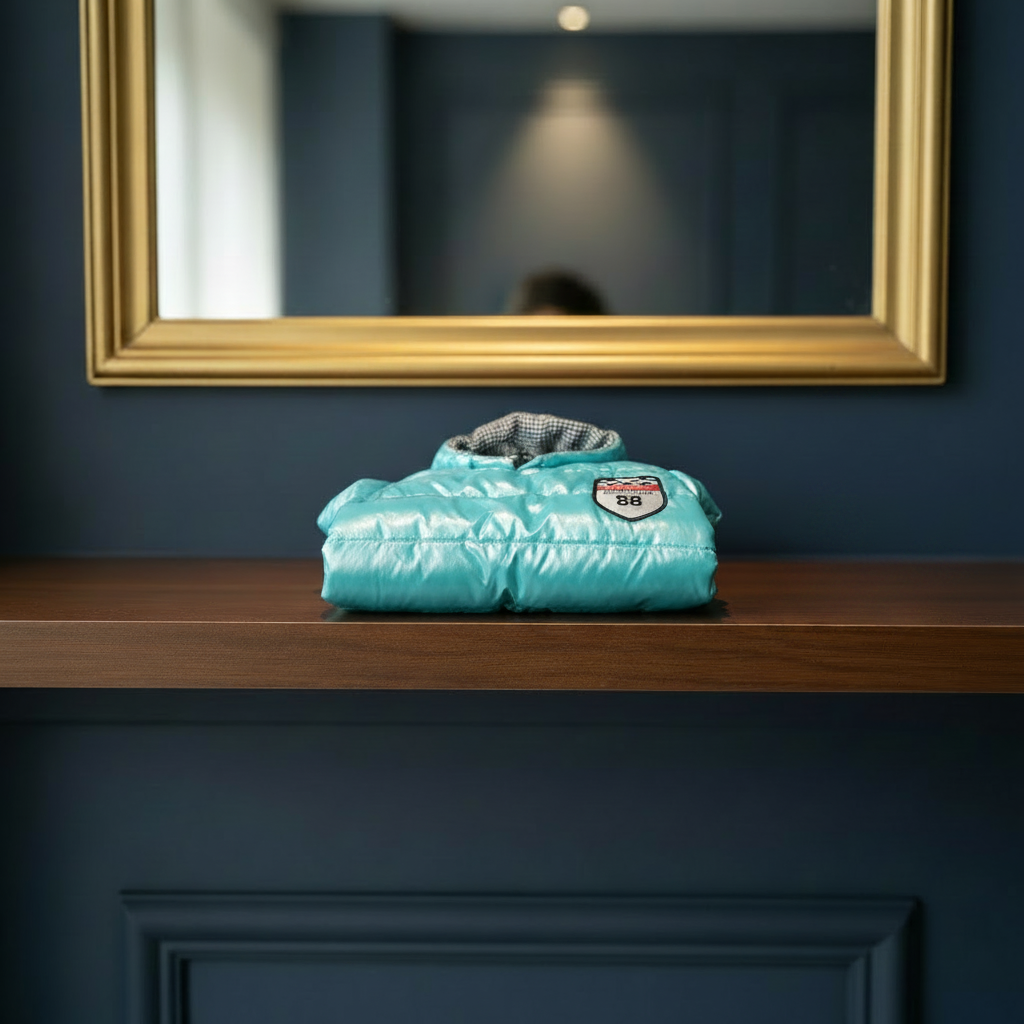 Turquoise Puffer on Shelf — no holly