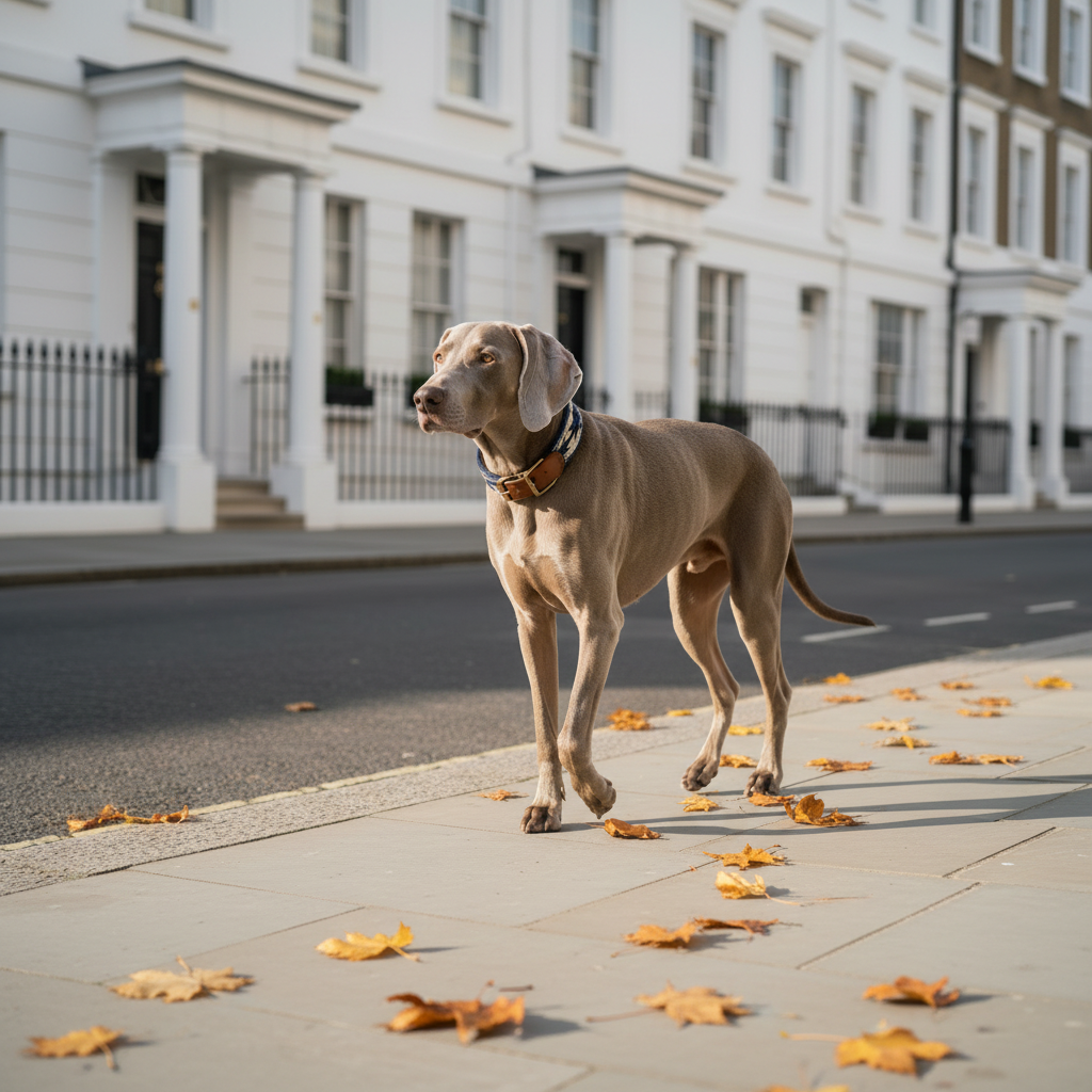 Weimaraner with Peyote Blue collar on Belgravia street