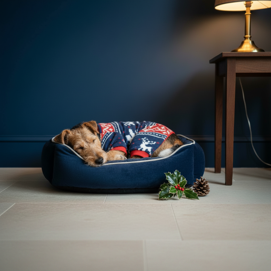 Wire-haired fox terrier in Christmas pyjamas in bed - square